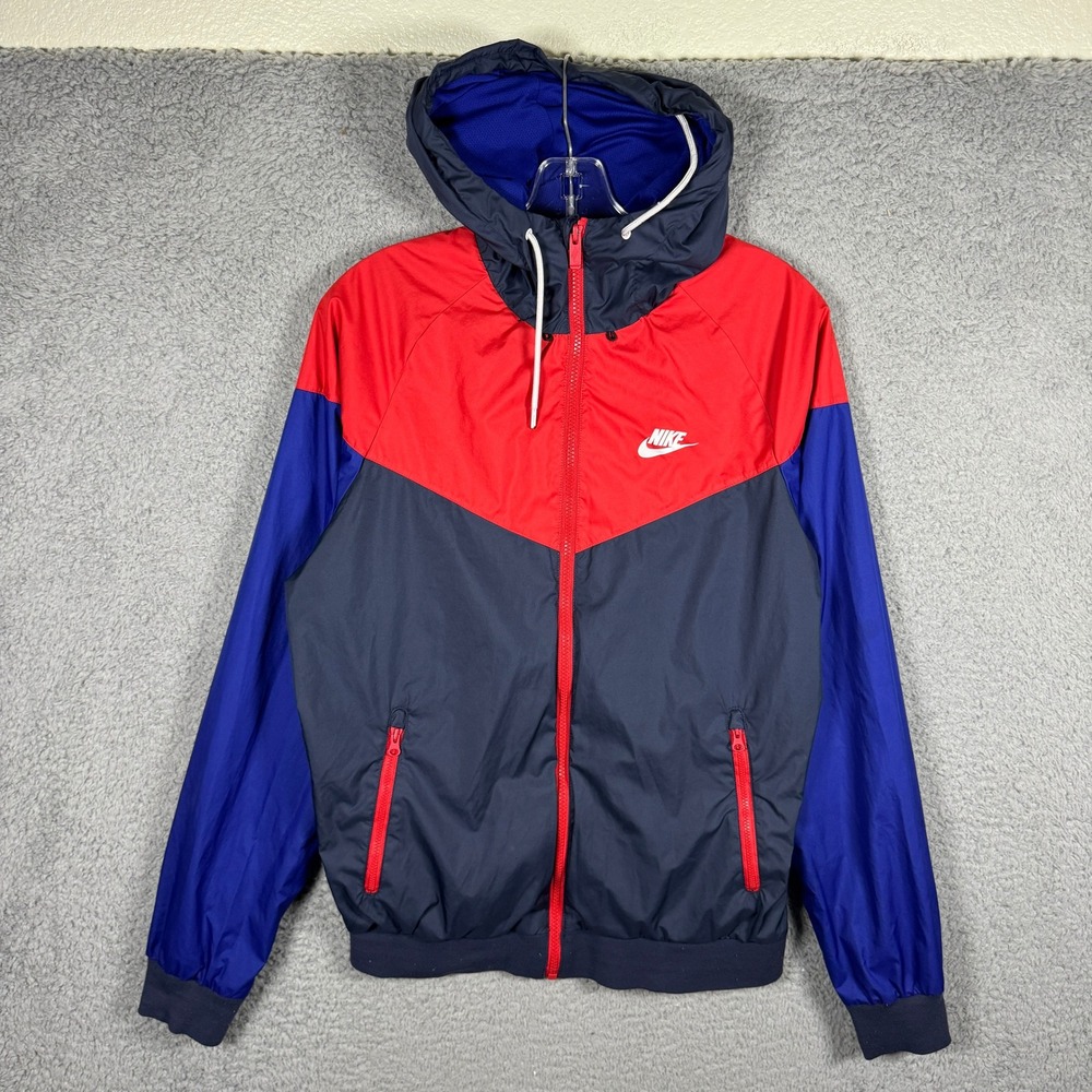Nike Mens Windrunner Hooded Windbreaker Jacket Red Blue Colorblock Small